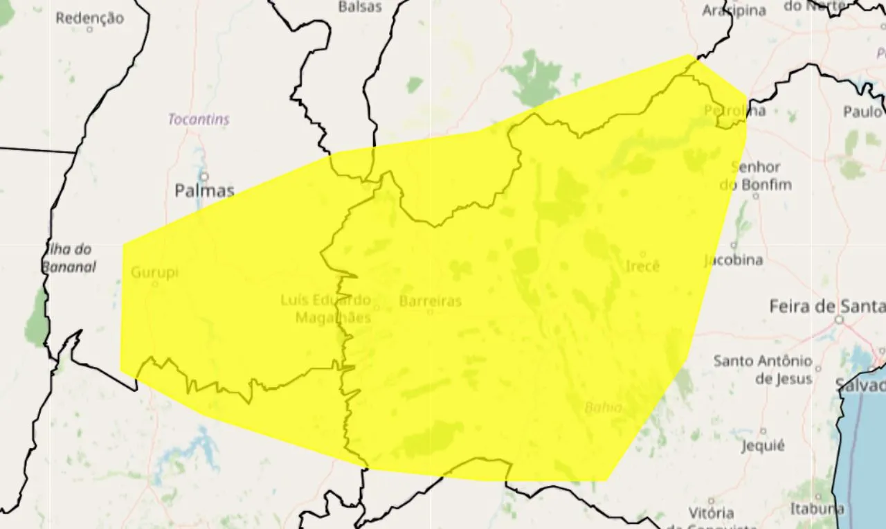 O mapa mostra as &aacute;reas em alerta para vendaval
